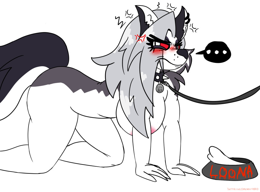 2019 angry anthro big_butt blush bone bowl breasts butt canid canid_demon canine canis collar crawling darkwolfhybrid demon digital_media_(artwork) dog_tags food_bowl hellhound helluva_boss leash looking_away loona_(vivzmind) mammal nude petplay roleplay spiked_collar spikes wolf