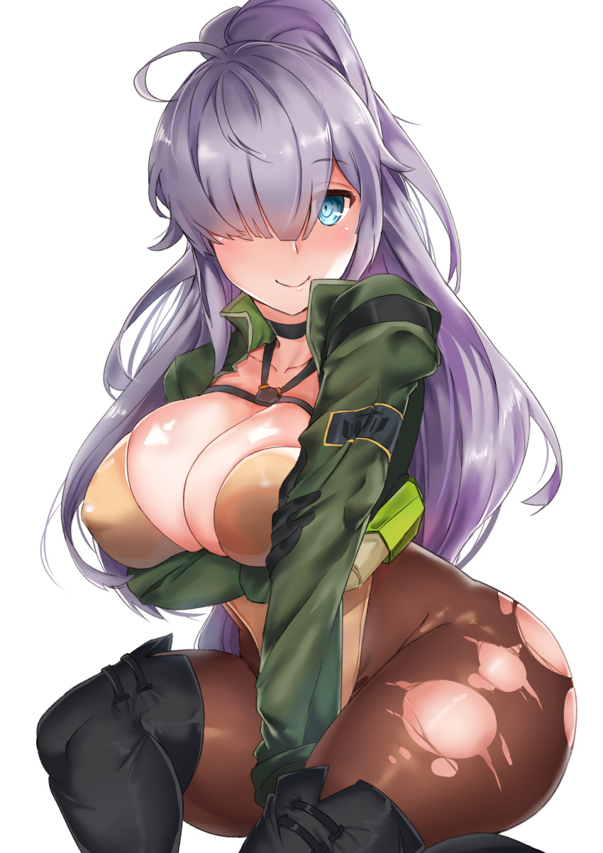1girl absurdres ahoge black_choker black_footwear black_gloves blush boots breasts brown_legwear chest_strap choker cleavage covered_nipples deogho_(liujinzy9854) eyebrows_visible_through_hair gloves green_jacket hand_on_own_arm high_ponytail highleg highleg_leotard highres jacket large_breasts last_origin leotard long_hair looking_at_viewer open_clothes open_jacket orange_leotard pantyhose ponytail purple_hair silver_hair simple_background smile solo t-20s_gnome_(last_origin) thick_thighs thigh_boots thighhighs thighs torn_clothes torn_legwear very_long_hair white_background