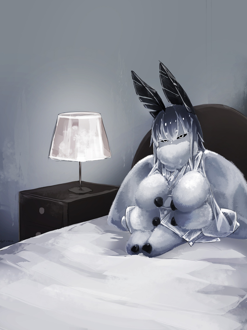 1girl bangs black_sclera diddms1999 full_body fur highres insect_girl insect_wings japanese_clothes lamp looking_at_viewer monster_girl moth_(diddms1999) moth_ears moth_girl moth_wings on_bed original short_hair sitting table white_eyes wings