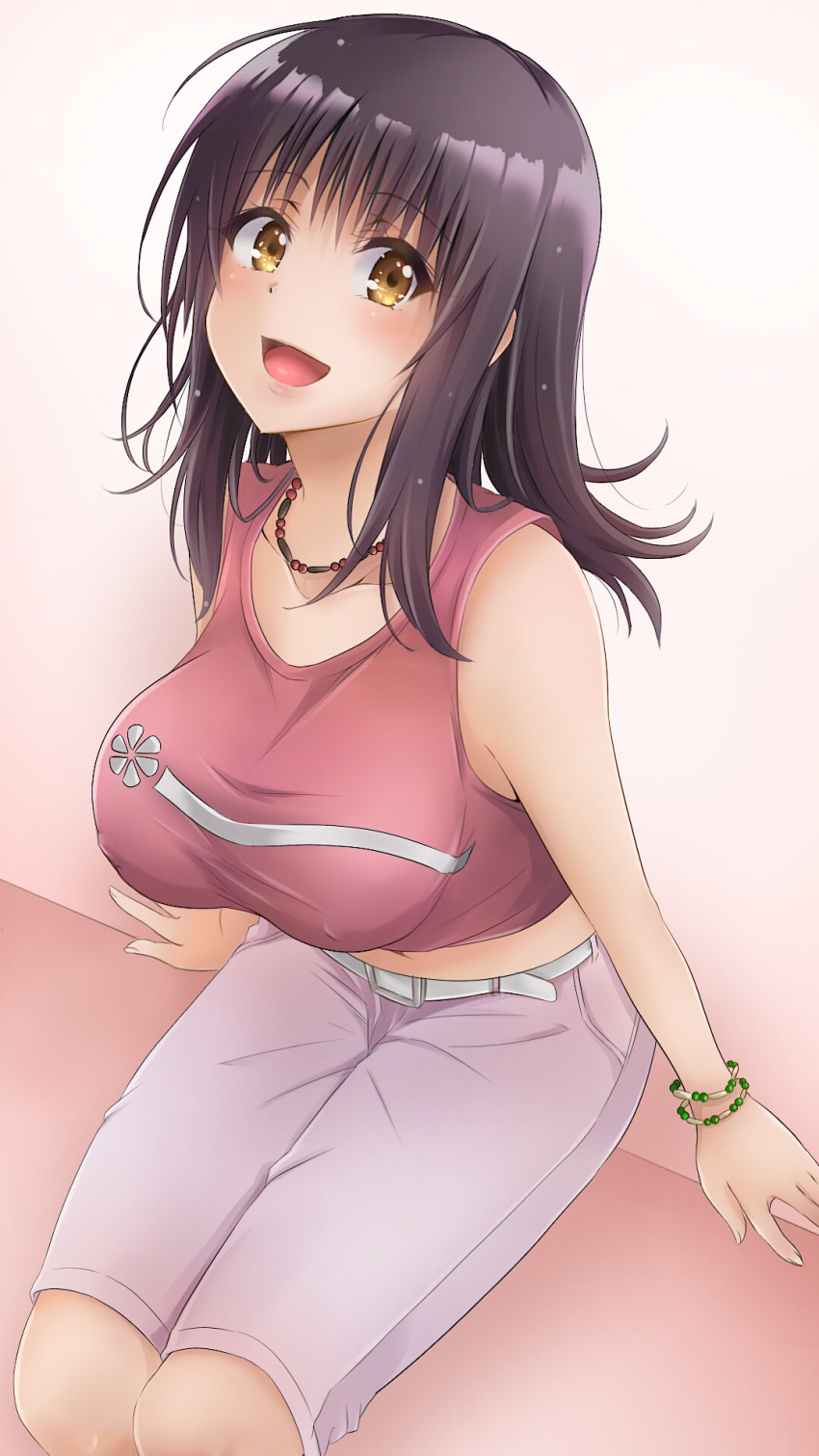 1girl belt black_hair bngs bracelet breasts brown_eyes collarbone covered_nipples crop_top eyebrows_visible_through_hair head_back highres itsuwa jewelry large_breasts long_hair looking_at_viewer navel necklace open_mouth piink_shorts pink_shirt shirt short_hair sitting sleeveless sleeveless_shirt smile solo tina_(pixiv37050289) to_aru_majutsu_no_index white_belt