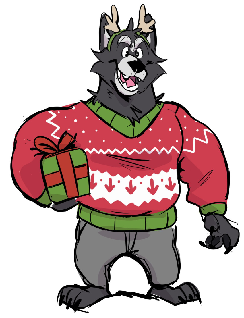 2019 adastra amicus_(adastra) anthro barefoot black_body black_fur bottomwear canid canine canis christmas claws clothing fangs fur gift grey_body grey_fur happy haps hi_res holidays looking_at_viewer male mammal multicolored_body multicolored_fur musclegut muscular muscular_male pants reindeer_hat simple_background smile solo sweater topwear two_tone_body two_tone_fur white_background wolf