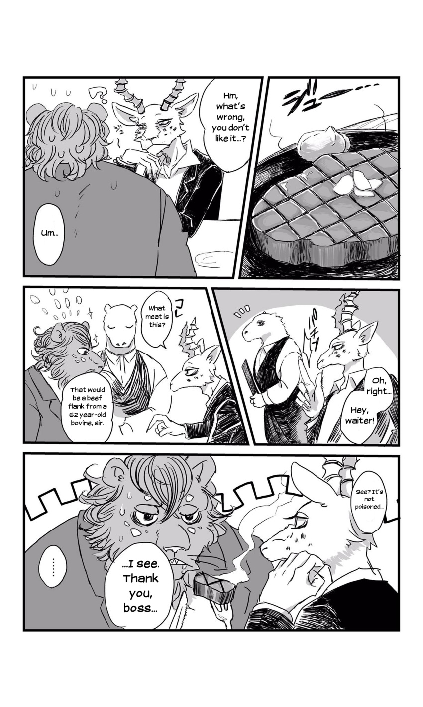 agata_(beastars) antelope beastars bovid comic felid gazelle hi_res hybrids leopard lion male male/male mammal melon_(beastars) misopotamio pantherine text translated