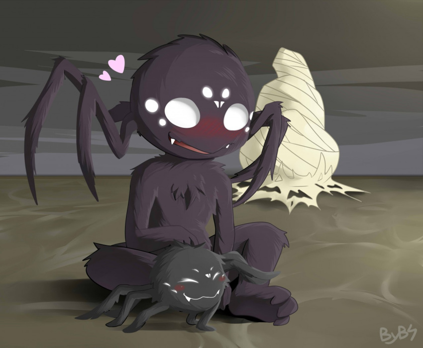 &lt;3 2016 3_toes ambiguous_gender anthro arachnid arthropod biped black_body black_fur blush chest_tuft crossed_legs daww digital_media_(artwork) don't_starve duo fangs feet feral fingers fur happy klei_entertainment looking_down outside shaded signature sitting smile spider toes tuft twstacker video_games webber