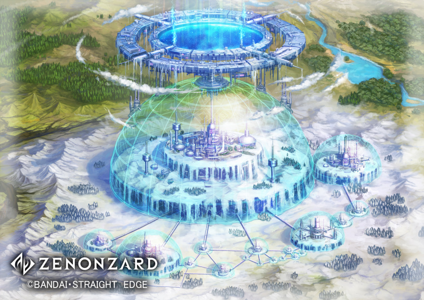 cloud company_name copyright_name day dome electricity fantasy forest highres nature no_humans official_art outdoors river scenery shiki_makoto snow watermark zenonzard