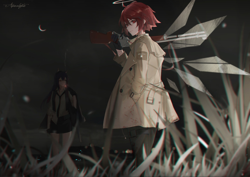 2girls absurdres arknights bangs black_pants black_skirt chinese_commentary cjmy coat commentary_request crescent_moon dark exusiai_(arknights) glowing glowing_wings grass gun hair_between_eyes halo hand_in_pocket highres holding holding_gun holding_weapon lever_action long_hair looking_at_viewer miniskirt moon multiple_girls necktie night open_clothes open_coat outdoors pants red_eyes red_hair rifle shirt short_hair shoulder_rest skirt smoke smoking standing texas_(arknights) weapon white_shirt wings yellow_coat