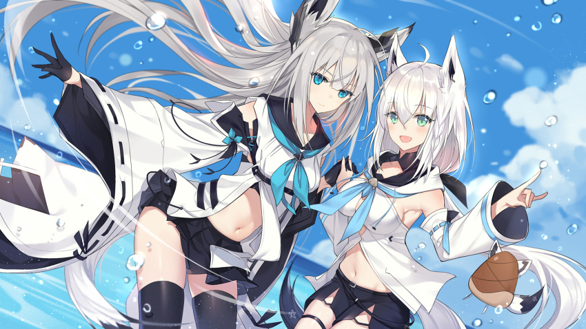 2girls ahoge animal_ear_fluff animal_ears armpits azur_lane bamboo_shoot bangs black_gloves black_legwear black_shorts black_skirt blue_eyes blue_neckwear blue_sky blush braid breasts catsizuru closed_mouth cloud commentary cowboy_shot crossover detached_sleeves dutch_angle fox_ears fox_shadow_puppet fox_tail gloves green_eyes hair_between_eyes half_gloves highres holding_hands hololive interlocked_fingers jewelry kawakaze_(azur_lane) long_hair long_ponytail long_sleeves look-alike looking_at_viewer low_ponytail multiple_girls navel neckerchief ocean open_mouth oruyanke_(fubuki_channel) shirakami_fubuki shorts sideboob silver_hair single_earring skirt sky smile star tail thighhighs thighs very_long_hair virtual_youtuber water_drop white_hair wide_sleeves zettai_ryouiki