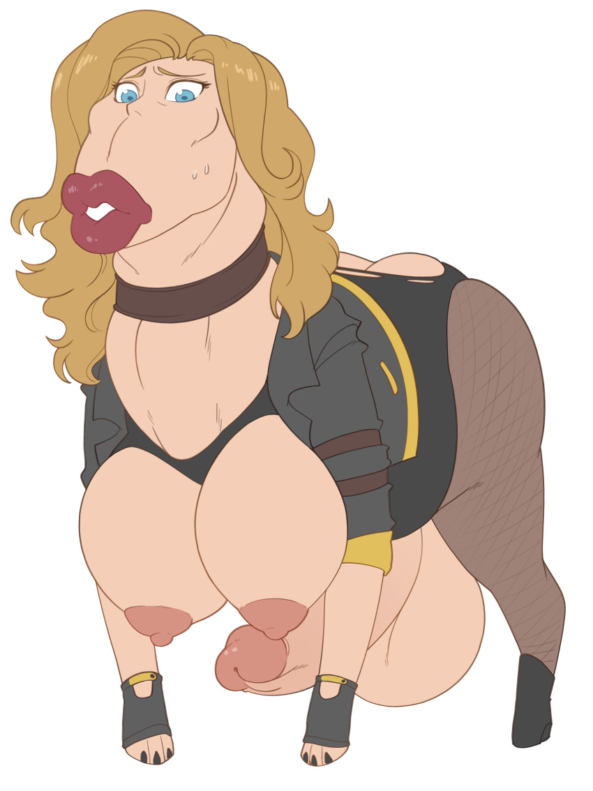 2019 absurd_res alternate_species balls black_canary blonde_hair blue_eyes breasts butt choker clothing crossgender dabunnox dc_comics equid equine gynomorph hair hi_res human intersex jewelry mammal necklace nipples penis queen's_stallion simple_background solo surprise torn_clothing white_background