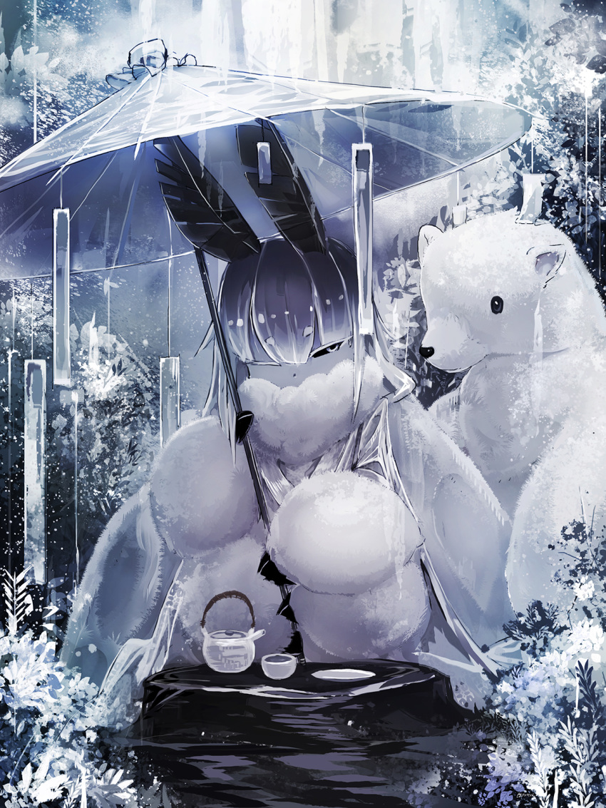 1girl bear black_sclera cup diddms1999 eyebrows_visible_through_hair fur highres holding insect_girl insect_wings monster_girl moth_(diddms1999) moth_ears moth_girl ofuda one_eye_closed oriental_umbrella original polar_bear rain scenery short_hair teacup teapot umbrella white_eyes wings