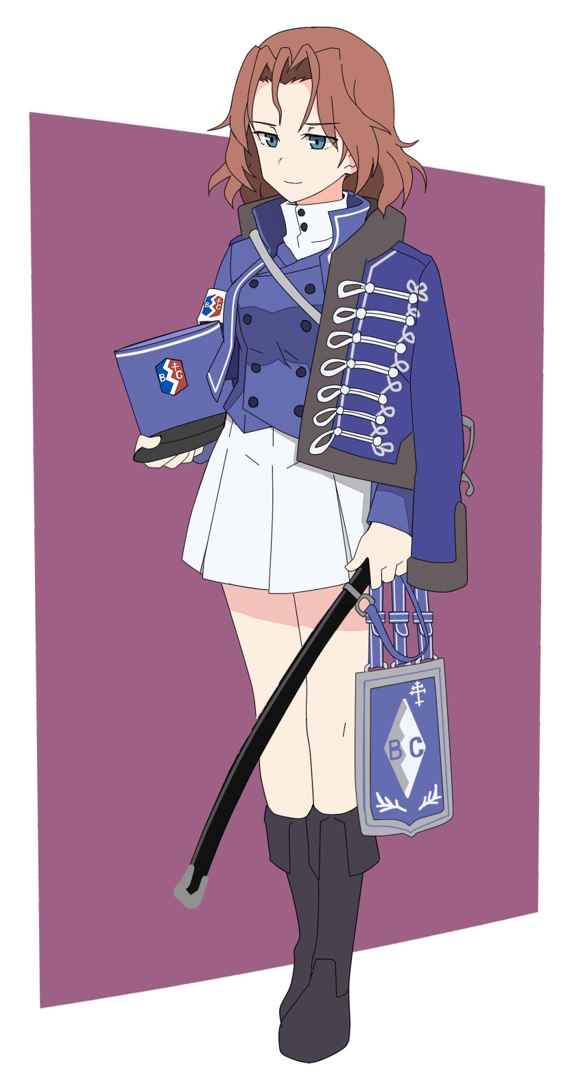 1girl absurdres armband azumi_(girls_und_panzer) bangs bc_freedom_(emblem) bc_freedom_military_uniform black_footwear blue_eyes blue_headwear blue_jacket blue_vest boots brown_hair closed_mouth commentary_request dress_shirt emblem formal full_body girls_und_panzer hat hat_removed headwear_removed high_collar highres holding holding_sword holding_weapon jacket jacket_on_shoulders kepi knee_boots korean_commentary light_smile long_sleeves military military_hat military_uniform miniskirt parted_bangs perfect_han pleated_skirt purple_background saber_(weapon) scabbard sheath shirt short_hair skirt solo standing sword uniform vest weapon white_shirt white_skirt