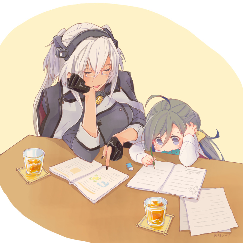 2girls ahoge black_gloves black_nails book bow bowtie breasts capelet closed_eyes coaster colis collar cup dark_skin dress drink drinking_glass eraser glasses gloves grey_eyes grey_hair hair_between_eyes headgear kantai_collection kikumon kiyoshimo_(kantai_collection) large_breasts long_hair low_twintails multiple_girls musashi_(kantai_collection) nail_polish notebook partly_fingerless_gloves pencil platinum_blonde_hair remodel_(kantai_collection) semi-rimless_eyewear shirt short_hair_with_long_locks sitting sleeveless sleeveless_dress studying table tall twintails two-tone_background two_side_up under-rim_eyewear very_long_hair white_background white_shirt yellow_background