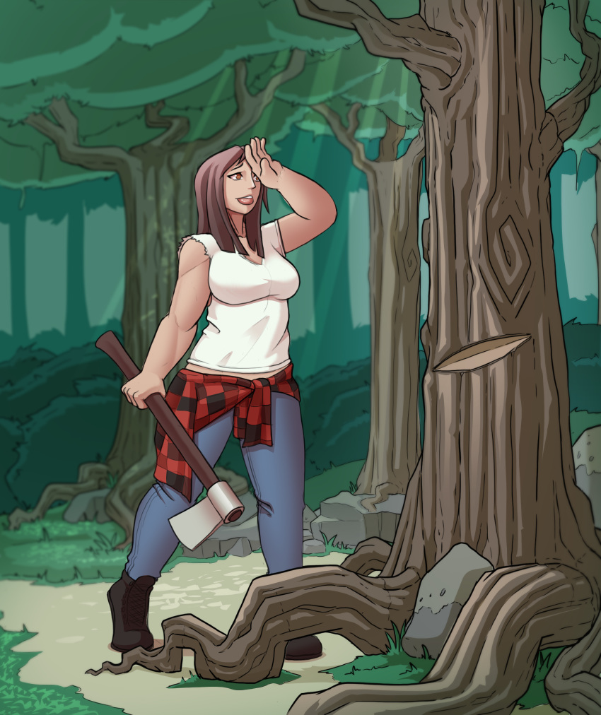 2019 absurd_res axe bottomwear breasts brown_hair clothing detailed_background female forest hair hi_res human human_only lunate mammal melee_weapon not_furry outside pants plaid solo standing story story_in_description tree weapon