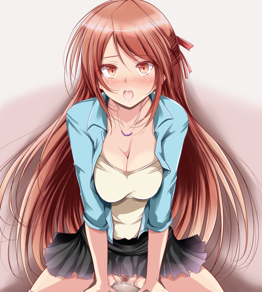 1boy 1girl :d :o black_skirt blush bokutachi_wa_benkyou_ga_dekinai bow breasts brown_eyes brown_hair cleavage duel_angel hair_bow hetero highres jewelry long_hair medium_breasts necklace open_mouth pubic_hair red_bow sekijou_sawako sex simple_background skirt smile vaginal very_long_hair