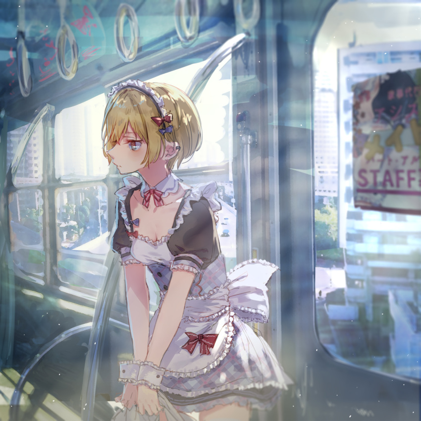 1girl apron blonde_hair breasts chinese_commentary city cityscape cleavage commentary_request earrings highres jewelry maid maid_apron maid_headdress original poster_(object) roki_(0214278) short_hair sleeve_cuffs solo train_interior window yellow_eyes