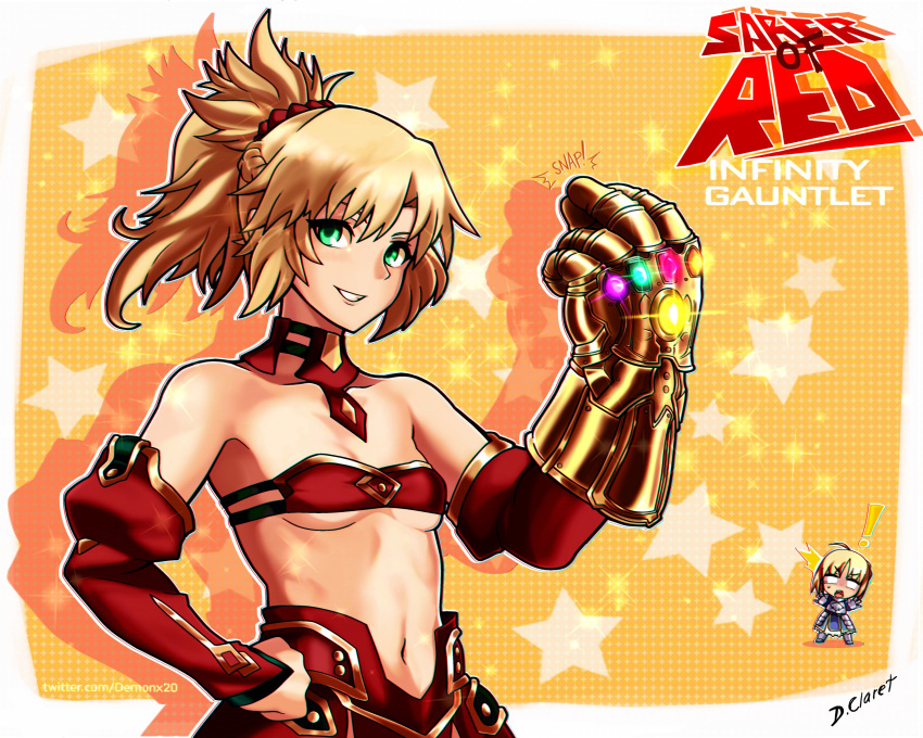 absurdres artoria_pendragon_(all) bangs bare_shoulders blonde_hair braid breasts character_name chibi demonx20 fate/apocrypha fate/grand_order fate/stay_night fate_(series) green_eyes hair_ornament highres infinity_gauntlet infinity_gems long_hair looking_at_viewer marvel mordred_(fate) mordred_(fate)_(all) navel parody ponytail red_scrunchie saber scrunchie smile snapping_fingers star thanos