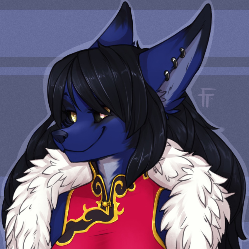 2019 anthro black_sclera blue_body blue_fur blue_nose canid canine clothed clothing digital_media_(artwork) ear_piercing ear_ring female firetally fox fur headshot_portrait mammal piercing portrait solo