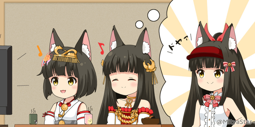 2girls :d ^_^ animal_ear_fluff animal_ears azur_lane bangs bare_shoulders black_hair blush bow center_frills closed_eyes closed_mouth commentary_request cup detached_sleeves dress eighth_note eyebrows_visible_through_hair flat_screen_tv fox_ears frills hair_bow hair_ornament hair_ribbon headpiece high_ponytail imagining japanese_clothes kimono long_hair miicha multiple_girls musical_note mutsu_(azur_lane) nagato_(azur_lane) open_mouth pleated_dress ponytail quarter_note red_dress red_headwear red_ribbon ribbon shirt short_hair sleeveless sleeveless_kimono sleeveless_shirt smile strapless strapless_dress striped striped_bow sunburst sunburst_background television twitter_username v-shaped_eyebrows visor_cap white_kimono white_shirt white_sleeves yellow_eyes yunomi