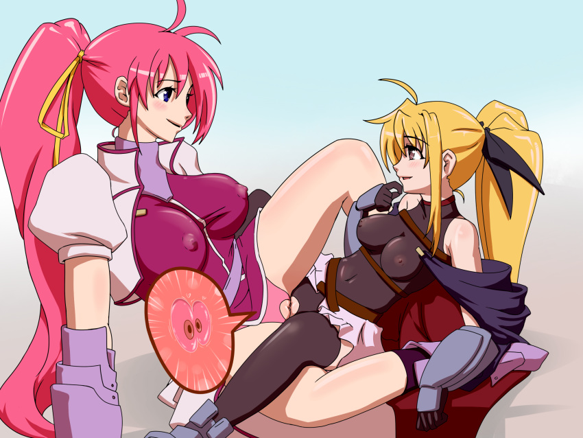 2girls arm_support artist_request bare_legs bare_shoulders belt black_leotard blonde_hair blue_eyes blush boots bow breasts brown_eyes cape clitoris covered_nipples cropped_jacket eyebrows_visible_through_hair fate_testarossa gauntlets gloves hair_bow hair_ornament hair_ribbon highres impregnation large_breasts leaning_back leotard long_hair looking_at_another lyrical_nanoha magical_girl mahou_shoujo_lyrical_nanoha mahou_shoujo_lyrical_nanoha_a's medium_breasts multiple_girls ovum pink_hair ponytail puffy_sleeves ribbon shadow shiny shiny_clothes shiny_hair shiny_skin signum simple_background skirt smile thighhighs tribadism twintails two-tone_background uncensored yuri