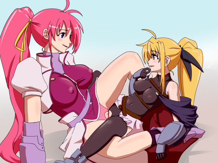 2girls arm_support artist_request bare_legs bare_shoulders belt black_leotard blonde_hair blue_eyes blush boots bow breasts brown_eyes cape clitoris covered_nipples cropped_jacket eyebrows_visible_through_hair fate_testarossa gauntlets gloves hair_bow hair_ornament hair_ribbon highres large_breasts leaning_back leotard long_hair looking_at_another lyrical_nanoha magical_girl mahou_shoujo_lyrical_nanoha mahou_shoujo_lyrical_nanoha_a's medium_breasts multiple_girls pink_hair ponytail puffy_sleeves ribbon shadow shiny shiny_clothes shiny_hair shiny_skin signum simple_background skirt smile thighhighs tribadism twintails two-tone_background uncensored yuri