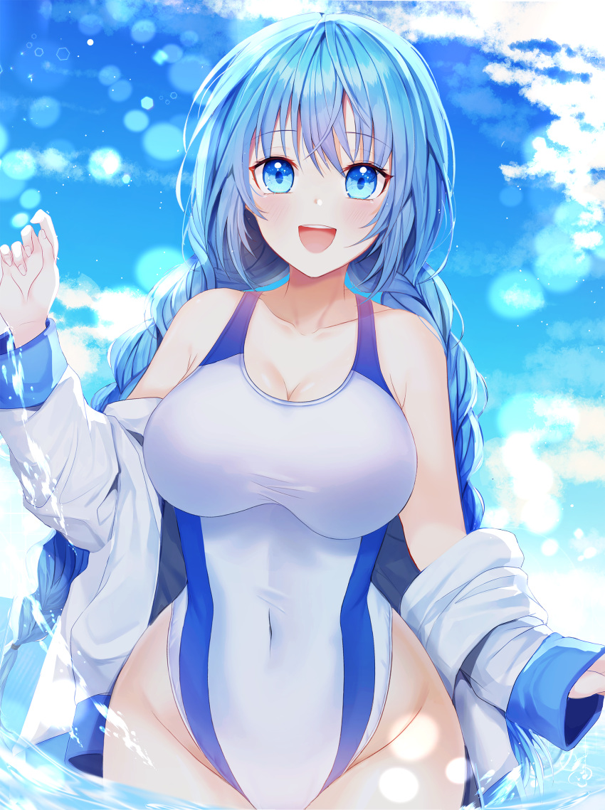 1girl :d absurdres bangs bare_shoulders blue_eyes blue_hair blue_sky blush braid breasts cleavage cloud cloudy_sky collarbone commentary commission covered_navel day english_commentary eyebrows_visible_through_hair groin hair_between_eyes hand_up highres jacket large_breasts long_hair long_sleeves looking_at_viewer low_twintails miyo_(user_zdsp7735) off_shoulder one-piece_swimsuit open_clothes open_jacket open_mouth original outdoors sidelocks sky smile solo swimsuit twin_braids twintails upper_teeth very_long_hair water white_jacket white_swimsuit