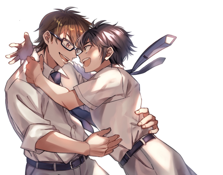 2boys :d ace_of_diamond belt black-framed_eyewear eye_contact glasses highres hug looking_at_another miyuki_kazuya multiple_boys natsuki_iori necktie open_mouth pants sawamura_eijun school_uniform shirt short_sleeves simple_background smile white_background white_shirt