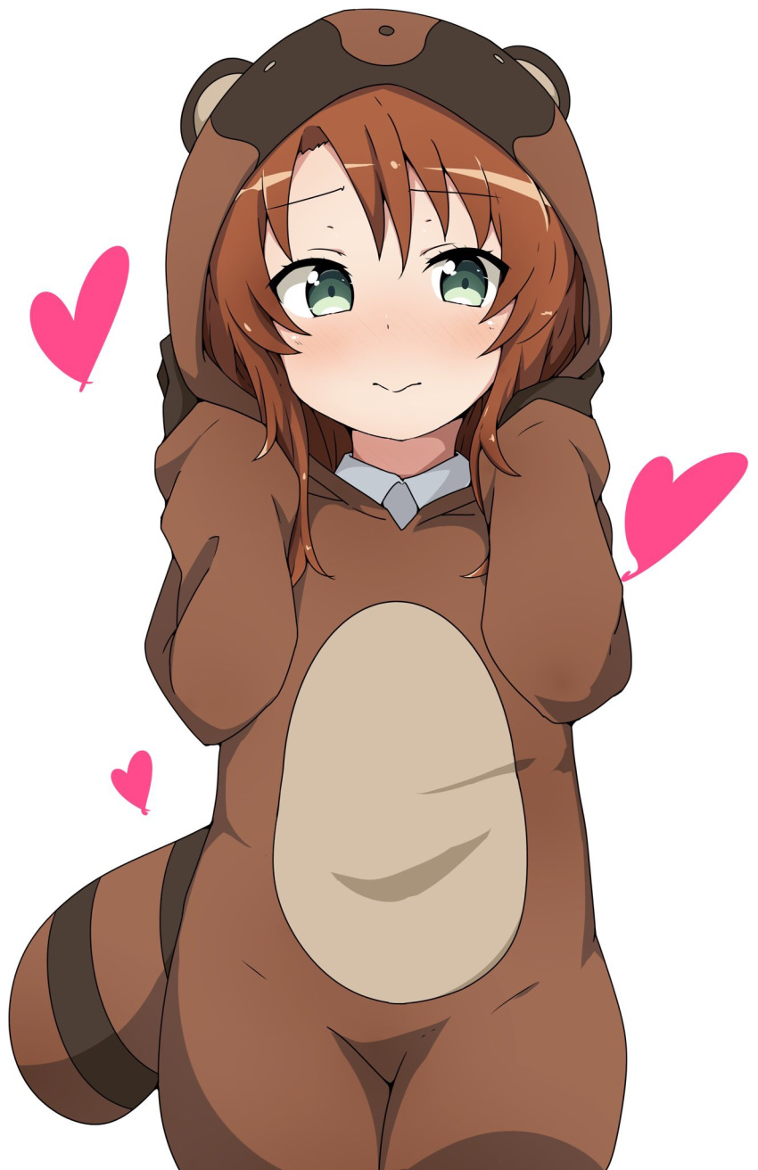 1girl animegao blush brown_hair closed_mouth collared_shirt cosplay embarrassed eyebrows_visible_through_hair green_eyes heart highres kigurumi koshigaya_komari long_hair long_sleeves looking_at_viewer non_non_biyori riyo_(aokiwazumi) shirt simple_background solo white_background