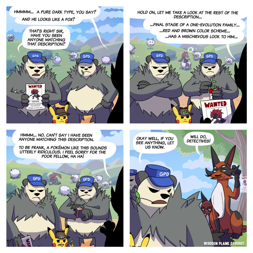 1:1 2019 ? ambiguous_gender anthro blue_clothing blue_hat blue_headwear bodily_fluids brown_body brown_clothing brown_fur brown_hat brown_headwear clothing cloud comic day detailed_background detective_pikachu dialogue digital_media_(artwork) english_text feral fur grass grey_body grey_fur group hat headgear headwear hi_res mane nickit nintendo outside pangoro pikachu plant pok&eacute;mon pok&eacute;mon_(species) red_body red_fur rolling sequence shaded shrub sitting sky speech_bubble standing text thievul tree video_games vomit white_body white_fur woodenplankstudios wooloo yellow_body yellow_eyes yellow_fur zoroark