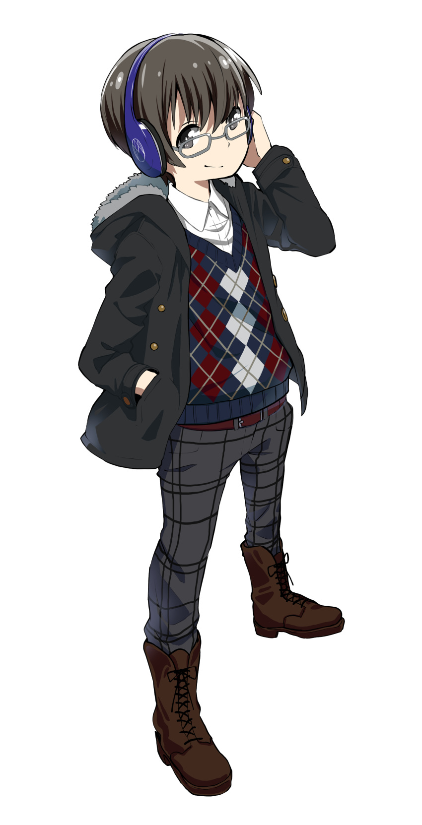 1boy absurdres argyle argyle_sweater belt black_eyes black_hair black_jacket boots bright_pupils brown_belt brown_footwear closed_mouth fur_trim glasses gyari_(imagesdawn) hand_in_pocket headphones highres hiyama_kiyoteru hiyama_kiyoteru_(vocaloid4) jacket looking_at_viewer male_focus smile solo sweater transparent_background vocaloid