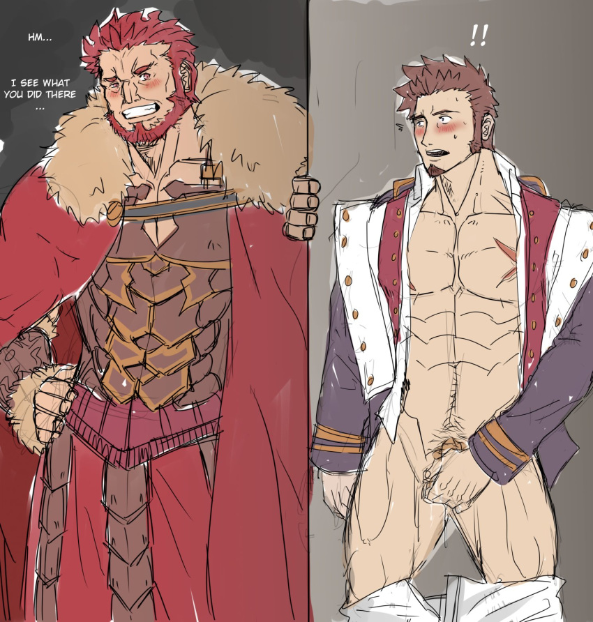 2boys abeberries abs bara beard belt blue_eyes blush brown_hair chest epaulettes facial_hair fate/grand_order fate_(series) highres long_sleeves male_focus military military_uniform multiple_boys muscle napoleon_bonaparte_(fate/grand_order) open_clothes pants pectorals red_hair rider_(fate/zero) scar simple_background sketch smile uniform