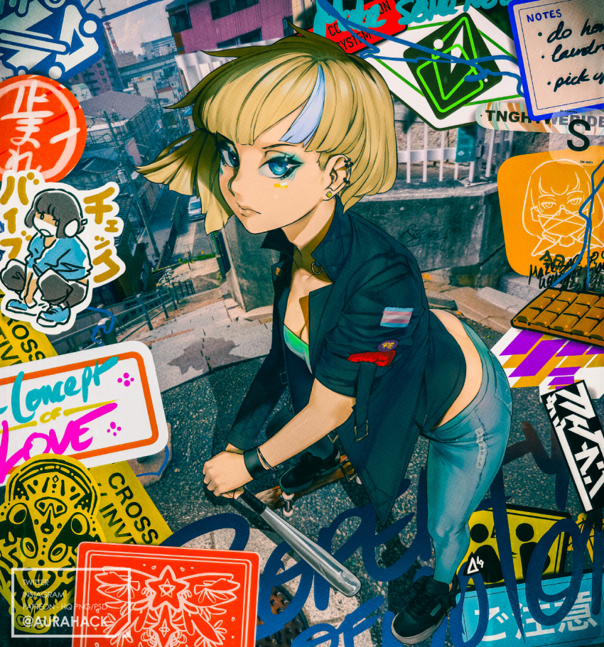 1girl aurahack baseball_bat black_jacket blue_eyes blue_eyeshadow blue_pants bob_cut breasts cleavage commentary denim downblouse ear_piercing earrings english_commentary eyeliner graffiti highres jacket jeans jewelry leaning_forward looking_at_viewer makeup medium_breasts midriff mismatched_sleeves multicolored_hair open_clothes open_jacket original pants photo_background piercing planted_weapon punk shoes short_hair sneakers solo sticker strapless streaked_hair stud_earrings tight tight_pants tsurime tubetop weapon wristband