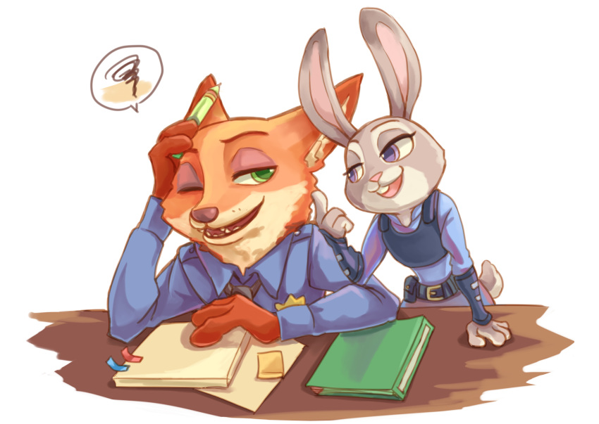 anthro belt buckteeth canid canine clothed clothing desk dipstick_ears disney duo fox fully_clothed furniture green_eyes inner_ear_fluff judy_hopps lagomorph leporid looking_at_another mammal multicolored_ears necktie nick_wilde one_eye_closed open_mouth open_smile police_uniform purple_eyes rabbit red_fox scut_tail shirt simple_background smile teeth topwear tuft uniform white_background zootopia 懶妘もぐもぐ