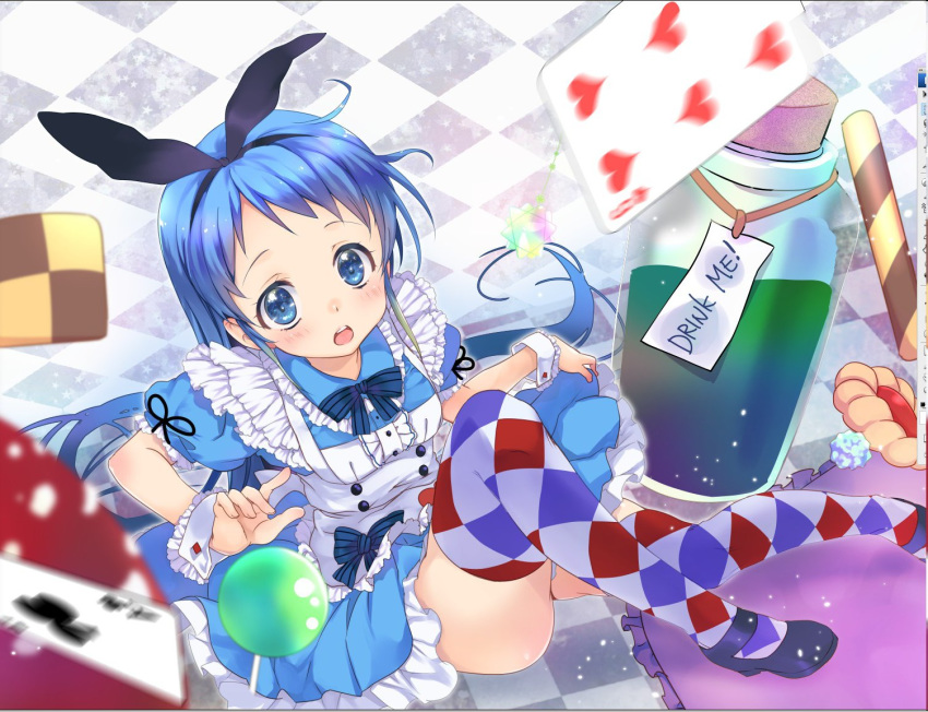 alice_(wonderland) alice_(wonderland)_(cosplay) argyle argyle_legwear blue_eyes blue_hair bottle card checkered clover cookie cosplay food kantai_collection long_hair malino_(dream_maker) multicolored multicolored_clothes multicolored_legwear playing_card samidare_(kantai_collection) thighhighs very_long_hair