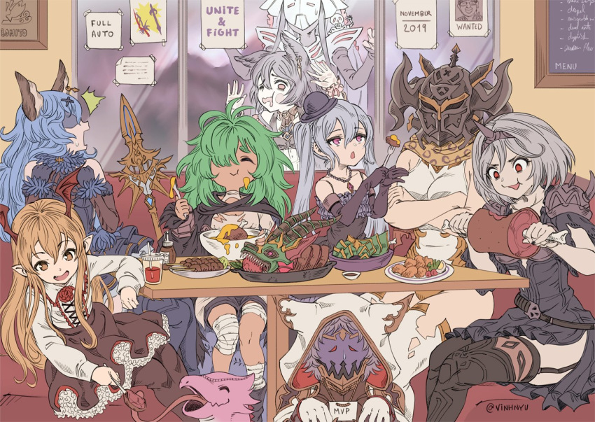 apollonia_vaar character_request djeeta_(granblue_fantasy) drang_(granblue_fantasy) eating food granblue_fantasy meat nier_(granblue_fantasy) orchis six_(granblue_fantasy) table vampy vinhnyu