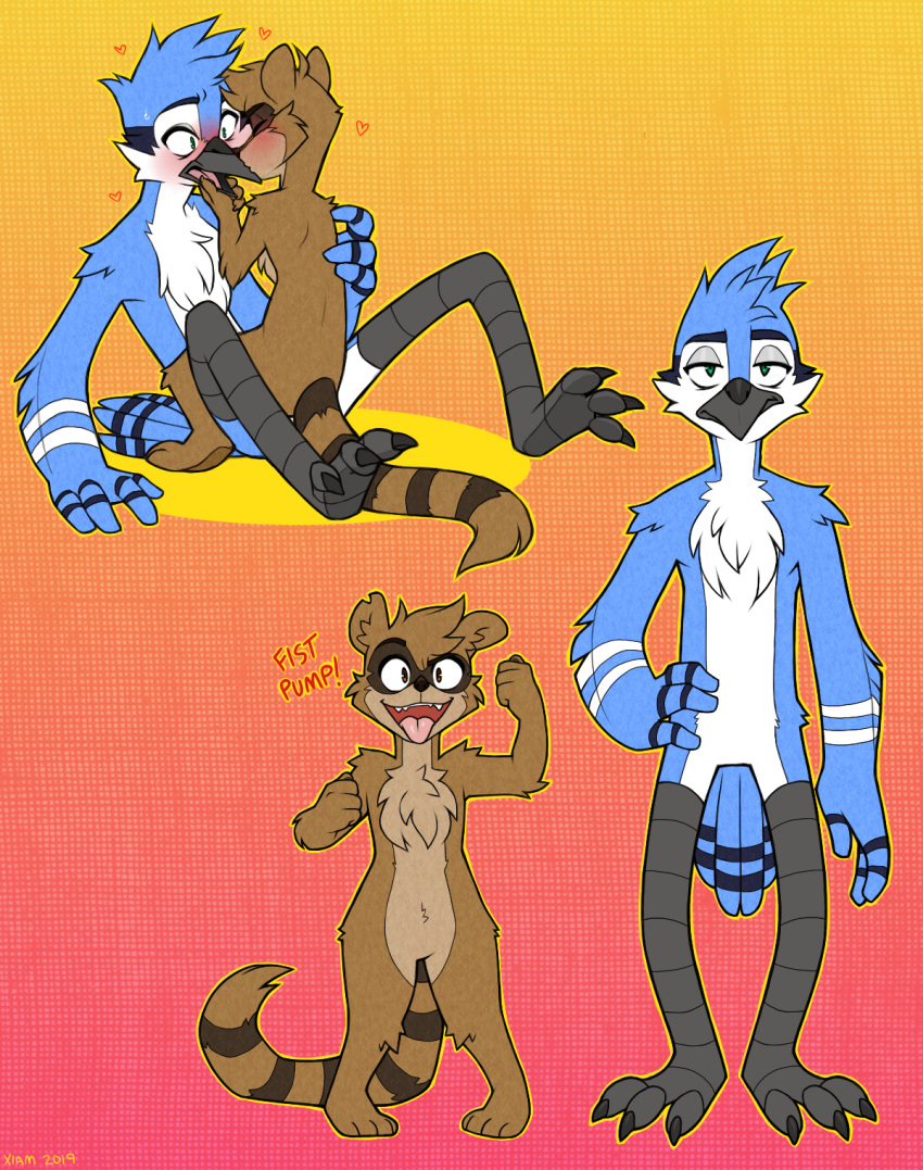 &lt;3 2019 3_toes 4_fingers 4_toes abstract_background anthro anthro_on_anthro avian beak bird bird_feet black_beak blue_body blue_feathers blue_jay blue_stripes blush bodily_fluids brown_body brown_eyes brown_fur brown_stripes cartoon_network cheek_tuft chest_tuft claws corvid dialogue digital_media_(artwork) duo english_text excited eyes_closed facial_tuft fangs feathers featureless_crotch fingers fist fur fur_tuft green_eyes half-closed_eyes hand_on_back hand_on_hip head_tuft hi_res interspecies intimate jay_(bird) kissing looking_at_viewer male male/male mammal mordecai_(regular_show) multiple_positions narrowed_eyes new_world_jay notched_ear nude on_lap open_mouth open_smile paws pose procyonid raccoon regular_show rigby_(regular_show) romantic_couple scutes shocked signature sitting sitting_on_lap size_difference smile standing striped_tail stripes sweat sweatdrop tail_feathers talons tan_body tan_fur teeth text toes tongue tongue_out tuft unamused white_body white_feathers white_stripes wide_eyed xiamtheferret