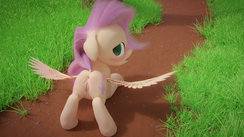 2019 3d_(artwork) anus ass_up bedroom_eyes blush bodily_fluids butt butt_blush cutie_mark day detailed_background digital_media_(artwork) equid equine feathered_wings feathers female fluttershy_(mlp) friendship_is_magic genital_fluids grass hair hi_res looking_at_viewer mammal my_little_pony narrowed_eyes nude ooredelen open_mouth presenting presenting_anus presenting_hindquarters presenting_pussy pterippus pussy pussy_juice pussy_juice_string seductive solo spread_wings tail_aside wings