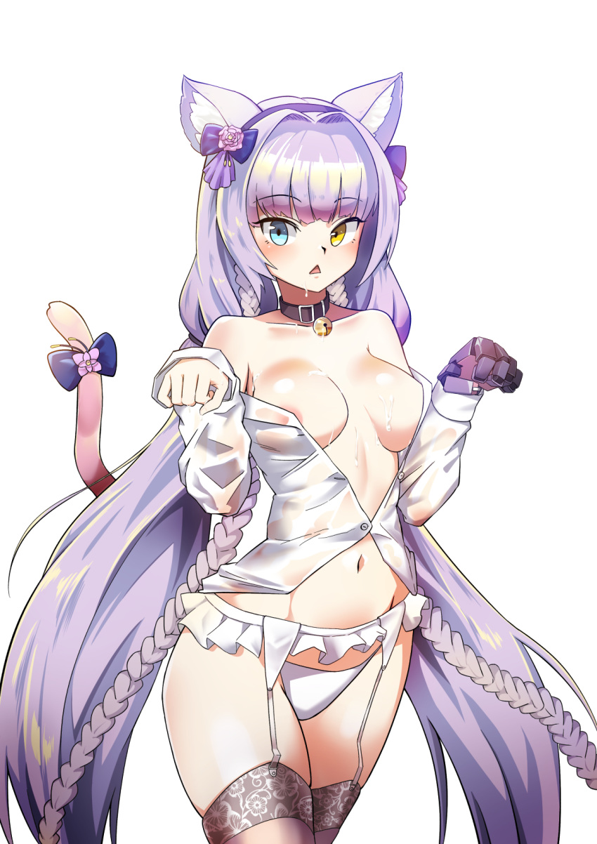 1girl animal_ears areola_slip areolae bangs bell bell_collar black_collar blue_eyes blunt_bangs bow braid breasts breasts_apart cat_ears cat_girl cat_tail collar collared_shirt cs_perrault_(last_origin) dress_shirt eyebrows_visible_through_hair garter_belt gradient_hair hair_intakes hairband heterochromia highres jingle_bell last_origin lavender_hair long_hair long_sleeves looking_at_viewer medium_breasts milk multicolored_hair navel off_shoulder open_clothes open_mouth open_shirt panties paw_pose purple_hair purple_hairband shirt simple_background solo suggestive_fluid tail tail_bow thighhighs triangle_mouth twin_braids ubo_(dbsgurdbsk) underwear very_long_hair white_background white_panties white_shirt yellow_eyes