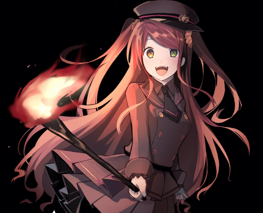 1girl :d akabane_youko arisuke_(natuyan) black_background black_headwear black_neckwear black_shirt black_skirt commentary_request fire frilled_cuffs frilled_sleeves frills green_eyes hat highres long_hair long_sleeves looking_at_viewer nijisanji open_mouth pleated_skirt red_hair shirt skirt sleeve_cuffs smile solo two_side_up virtual_youtuber wing_collar