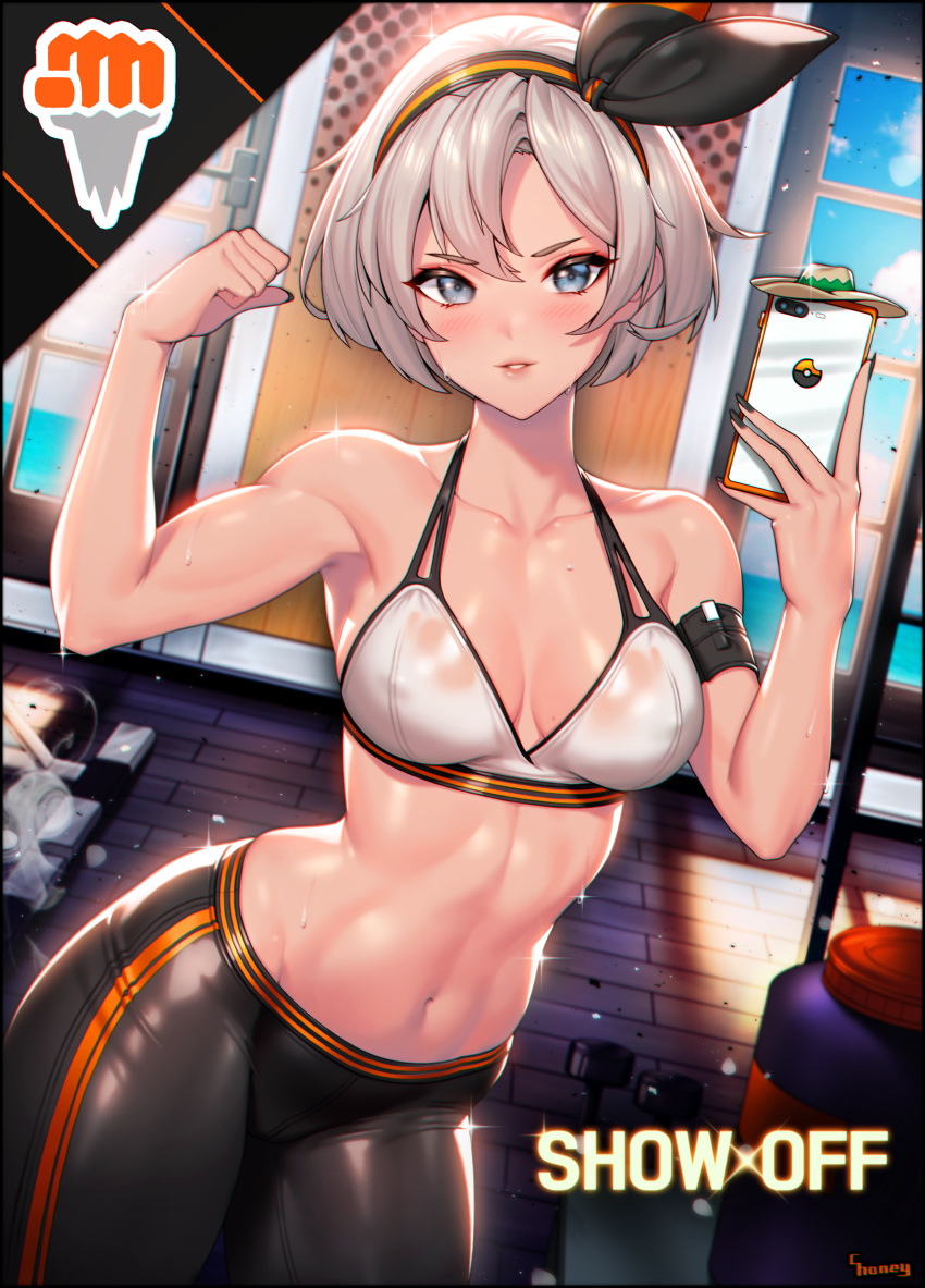 1girl abs absurdres arm_strap bare_shoulders black_pants blue_eyes breasts cellphone choney cowboy_shot dark_skin flexing gloves grey_hair groin gym gym_leader hair_between_eyes hairband highres holding holding_phone indoors looking_at_viewer muscle navel pants phone pokemon pokemon_(game) pokemon_swsh pose saitou_(pokemon) self_shot short_hair shorts smartphone solo sports_bra sportswear stomach sweat toned wristband