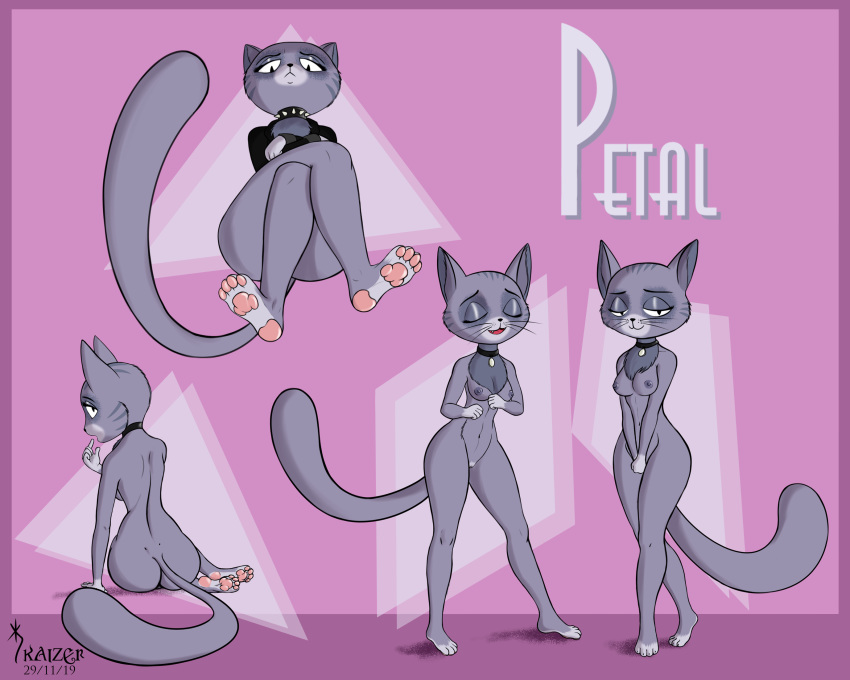 2019 anthro areola breasts butt collar domestic_cat eyes_closed fangs felid feline felis female fur grey_body grey_fur half-closed_eyes kaizermelvon kitty_is_not_a_cat mammal multicolored_body multicolored_fur narrowed_eyes nipples open_mouth pawpads petal_(kinac) simple_background solo teeth tongue white_body white_fur