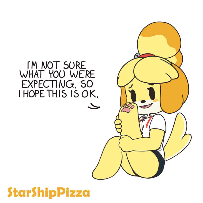 animal_crossing anthro bell blush canid canine canis clothed clothing dialogue domestic_dog english_text female fur hair isabelle_(animal_crossing) mammal nintendo shih_tzu smile starshippizza text toy_dog video_games white_body white_fur yellow_body yellow_fur