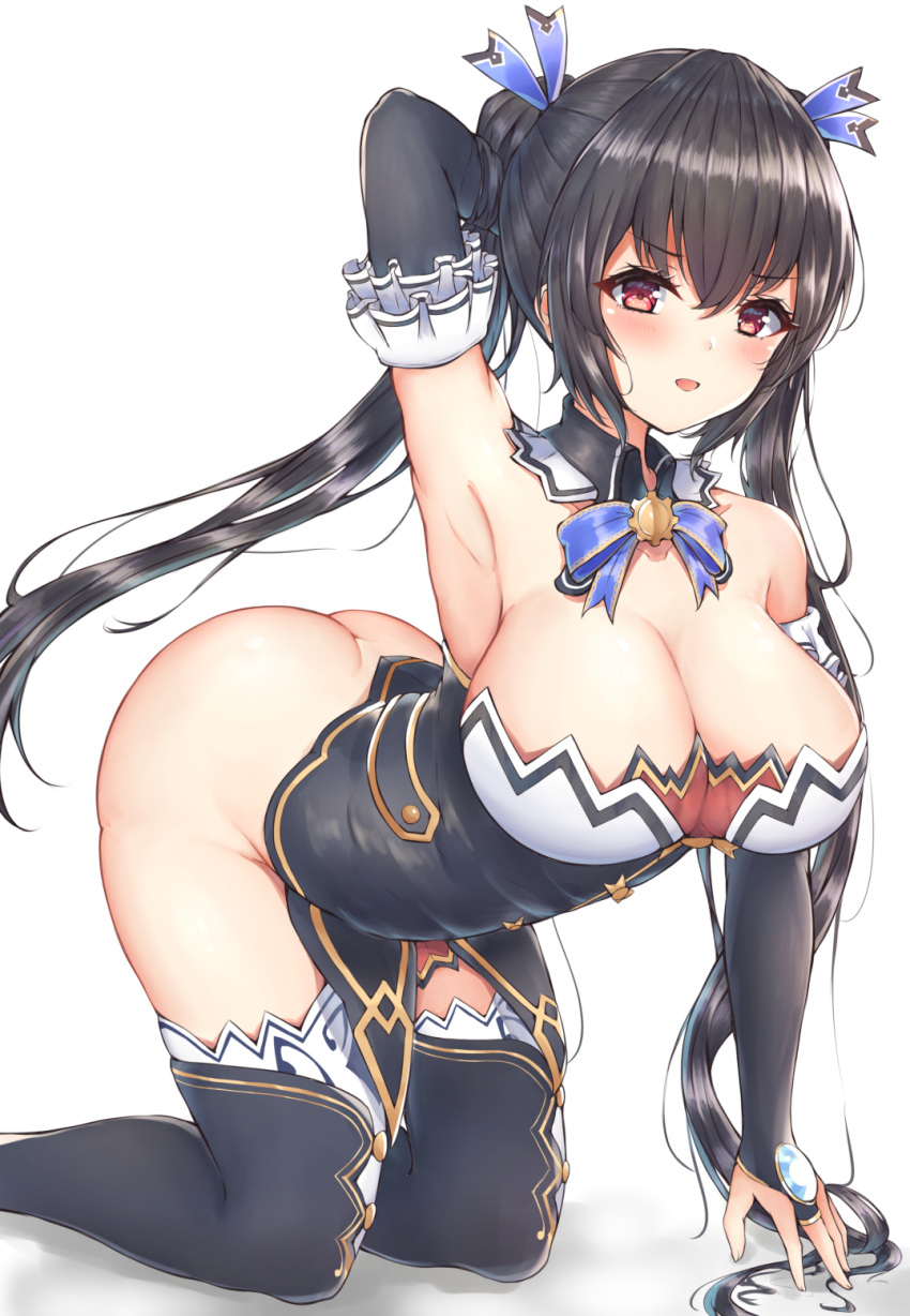 1girl alternate_breast_size ass bangs bare_shoulders black_hair black_legwear boots bottomless breasts bridal_gauntlets cleavage detached_collar detached_sleeves dress elbow_gloves frills garter_straps gloves hair_between_eyes hair_ornament hair_ribbon highres large_breasts long_hair looking_at_viewer neptune_(series) noire red_eyes ribbon ryakusun smile solo thigh_boots thighhighs thighhighs_under_boots twintails very_long_hair