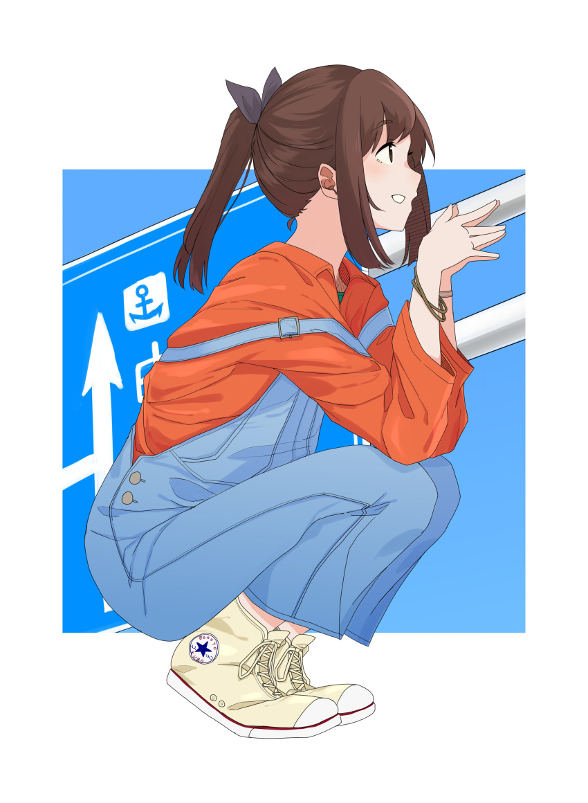 1girl absurdres alternate_costume anchor_symbol beige_footwear bracelet brown_eyes brown_hair converse daigaku_jitome directional_arrow full_body hair_ornament hairclip highres i-401_(kantai_collection) jewelry kantai_collection long_hair long_sleeves orange_shirt overalls ponytail profile sailor_collar shirt shoes sneakers solo squatting two-tone_background white_background