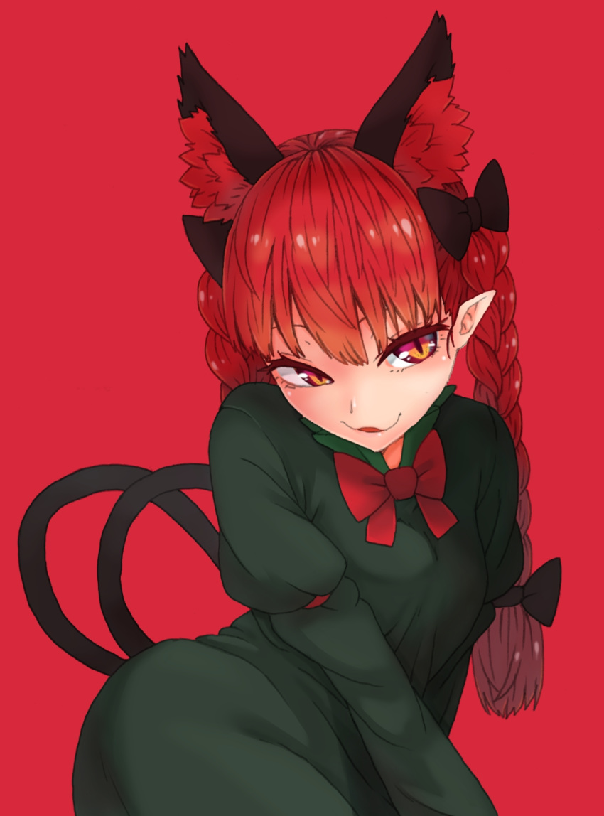 1girl :3 animal_ear_fluff animal_ears arm_garter bangs black_bow blush bow bowtie braid breasts cat_ears cat_tail check_commentary closed_mouth collared_dress commentary_request dress green_dress hair_bow highres juliet_sleeves kaenbyou_rin ke-su licking_lips long_hair long_sleeves looking_away multicolored multicolored_eyes multiple_tails naughty_face orange_eyes pointy_ears puffy_sleeves red_background red_bow red_eyes red_hair simple_background slit_pupils small_breasts solo tail tongue tongue_out touhou twin_braids two_tails