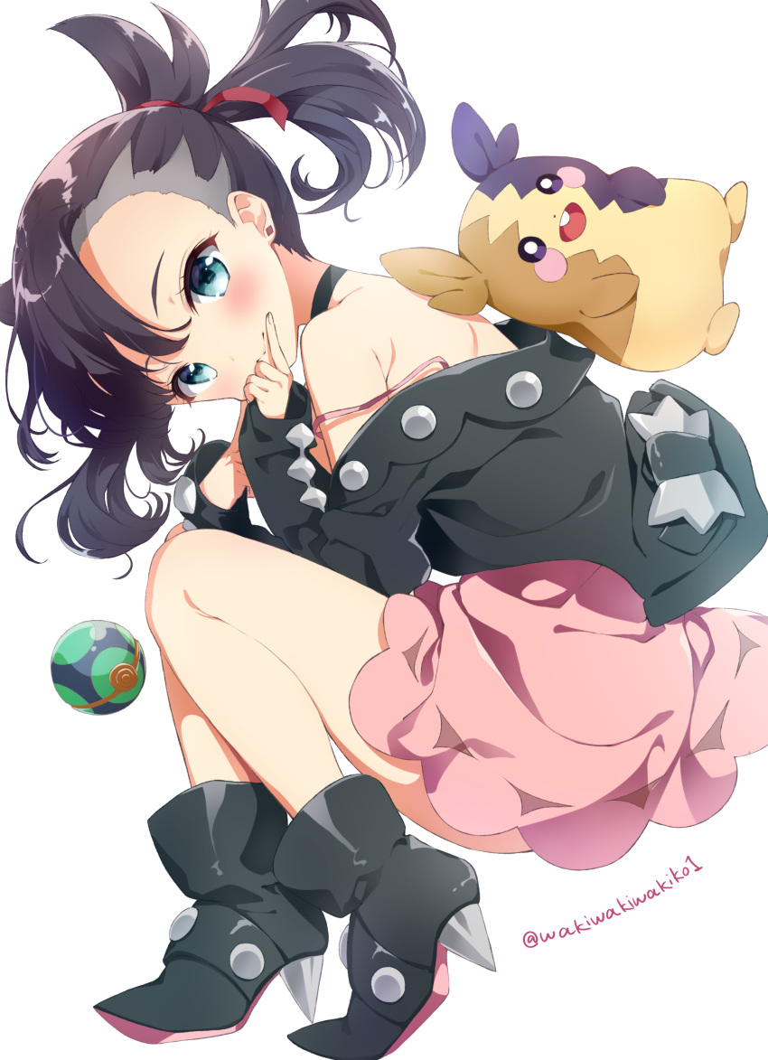 1girl :d absurdres asymmetrical_bangs bangs black_choker black_footwear black_hair black_jacket blue_eyes boots choker commentary_request dress dusk_ball full_body gen_8_pokemon hair_ribbon hands_up high_heel_boots high_heels highres jacket long_sleeves mary_(pokemon) morpeko neki_(wakiko) off_shoulder open_clothes open_jacket open_mouth pink_dress poke_ball pokemon pokemon_(creature) pokemon_(game) pokemon_swsh red_ribbon ribbon simple_background sleeves_past_wrists smile strap_slip twintails twitter_username upper_teeth white_background