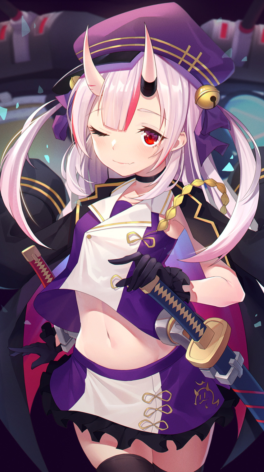 1girl armpits azur_lane bell belly beret blurry blurry_background cannon cape gloves hair_between_eyes hat highres hitokuchii hololive katana long_hair looking_at_viewer nakiri_ayame one_eye_closed oni_horns red_eyes sheath sheathed silver_hair sleeveless solo sword thighhighs twintails virtual_youtuber weapon