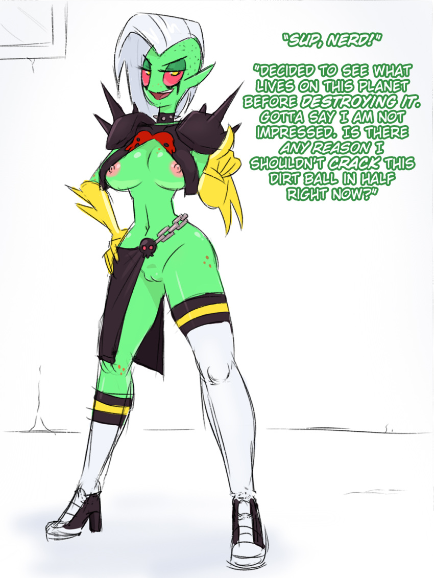 alien breasts casual_exposure choker clothing female footwear green_body green_skin high_heels humanoid ineffective_clothing jewelry legwear looking_at_viewer lord_dominator mammal mootcookie_(artist) mostly_nude necklace nipples pussy shoes thigh_highs wander_over_yonder