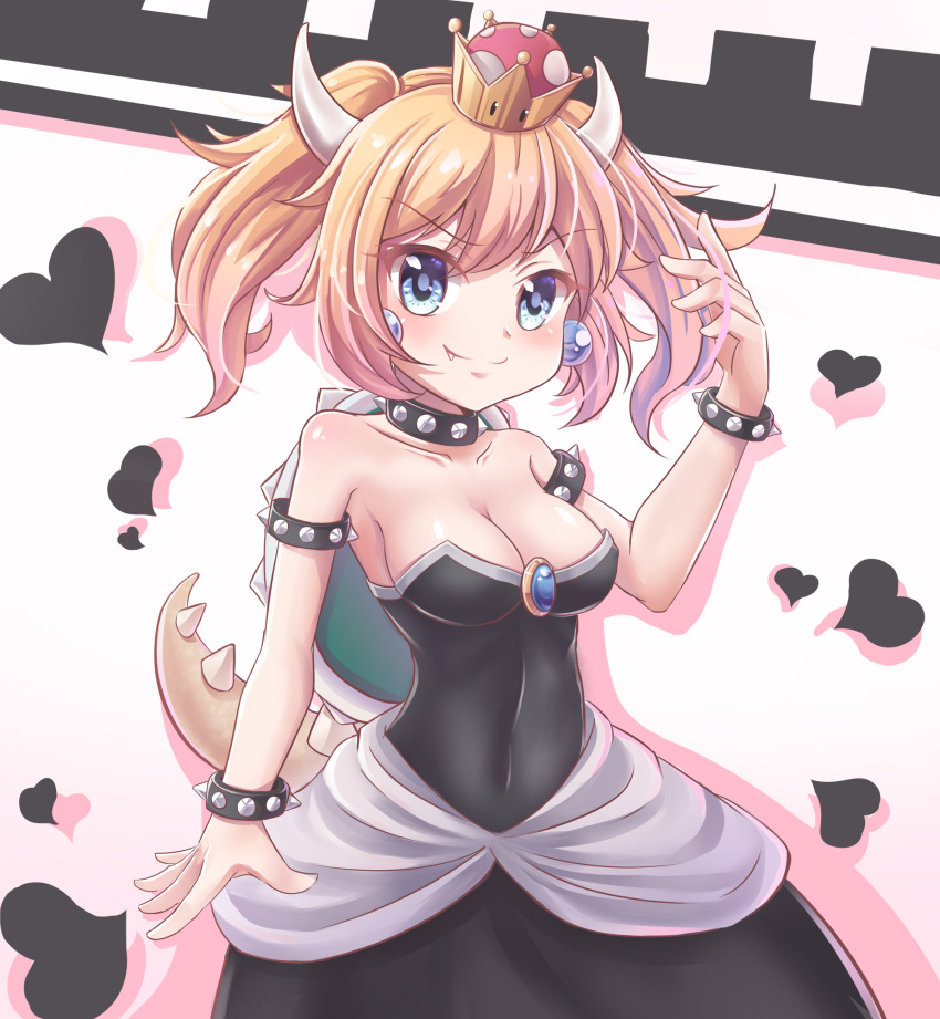 1girl absurdres aisha_(rfrm) armlet bangs bare_arms bare_shoulders black_collar black_dress blonde_hair blue_eyes blush bowsette bracelet breasts brooch cleavage collar commentary_request covered_navel cowboy_shot crown dress earrings eyebrows_visible_through_hair fang fang_out gradient gradient_background hand_up heart highres horns jewelry looking_at_viewer mario_(series) medium_breasts mini_crown new_super_mario_bros._u_deluxe pink_background short_hair silhouette smile solo spiked_armlet spiked_bracelet spiked_collar spiked_shell spikes standing strapless strapless_dress super_crown tail twintails v-shaped_eyebrows white_background
