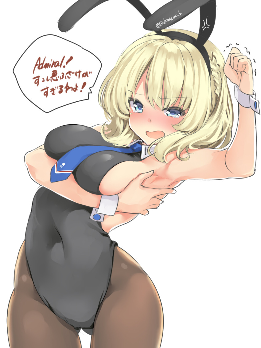 1girl anger_vein animal_ears armpits black_leotard blonde_hair blue_eyes blue_neckwear breasts bunny_ears bunny_girl colorado_(kantai_collection) commentary_request cowboy_shot detached_collar highres kantai_collection leotard looking_at_viewer medium_breasts necktie pantyhose short_hair side_braids sideboob simple_background solo takase_muu translation_request white_background wrist_cuffs