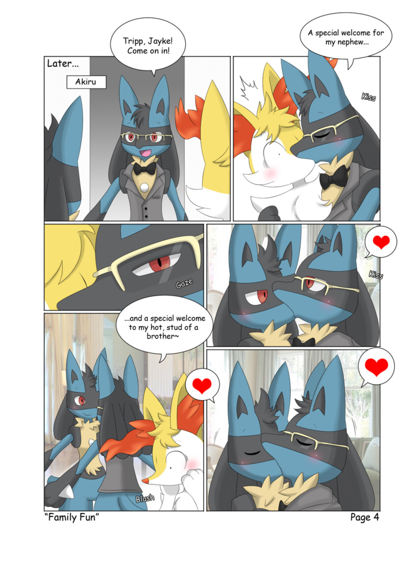 2015 akiru_cario anthro black_body black_fur blue_body blue_fur blush braixen brother brothers canid canine comic dialogue english_text fan_character father father_and_child father_and_son fur hi_res kissing lucario male male/male mammal nintendo parent parent_and_child pok&eacute;mon pok&eacute;mon_(species) shocked sibling son speech_bubble text video_games winick-lim yellow_body yellow_fur