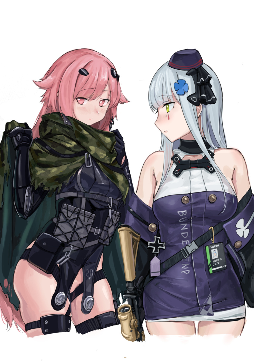 2girls absurdres assault_rifle camouflage_cape german_text girls_frontline green_eyes gun h&amp;k_hk416 hair_ribbon hat highres hk416_(girls_frontline) id_card iron_cross kuro_(zhurunbo1997) magazine_(weapon) mini_hat mod3_(girls_frontline) multiple_girls ntw-20_(girls_frontline) pink_eyes pink_hair prosthesis prosthetic_arm ribbon rifle scope silver_hair weapon