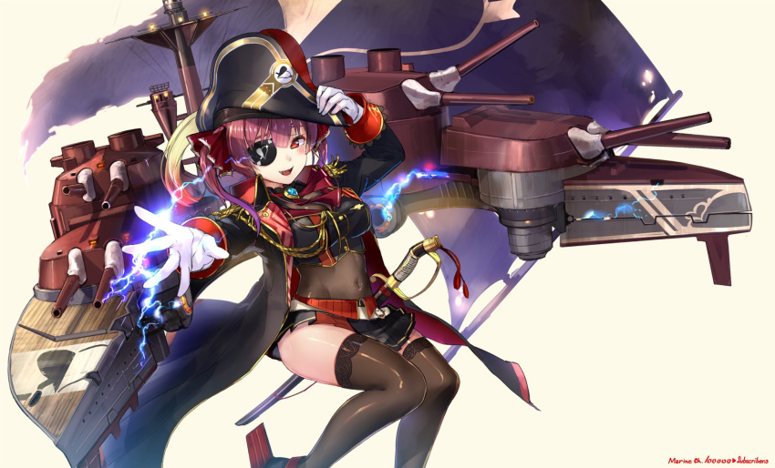 1girl aiguillette akasaai arrow_through_heart bangs black_coat black_headwear black_legwear black_skirt blush bodysuit breasts brooch commentary covered_navel cravat crop_top electricity epaulettes eyepatch feet_out_of_frame fringe_trim gloves hand_on_headwear hat highres hololive houshou_marine jewelry large_breasts medium_hair miniskirt open_mouth outstretched_hand pirate_hat pirate_ship pleated_skirt red_eyes red_hair ship simple_background skirt smile solo sword thighhighs thighs twintails virtual_youtuber watercraft weapon white_background white_gloves